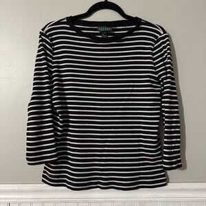 Lauren Ralph Lauren | Black & White Stripe Boat Neck Top Size Large
